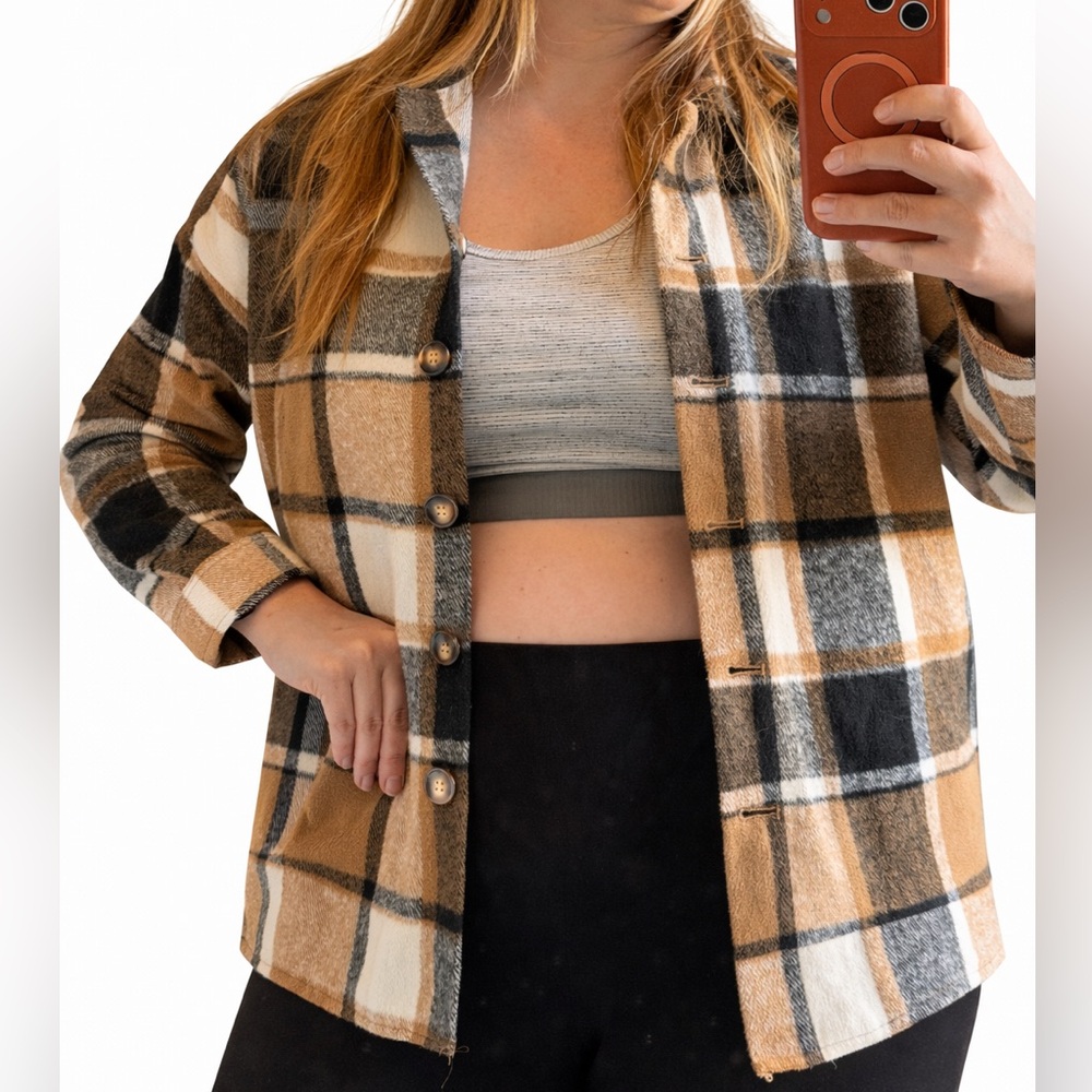 Checked Longline Shacket in Camel and Black